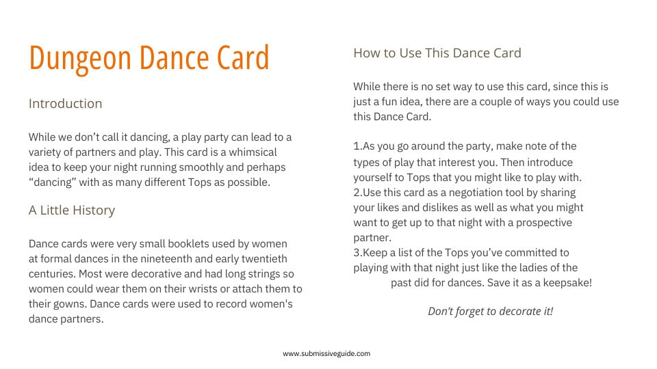 Play Party/Dungeon Dance Card